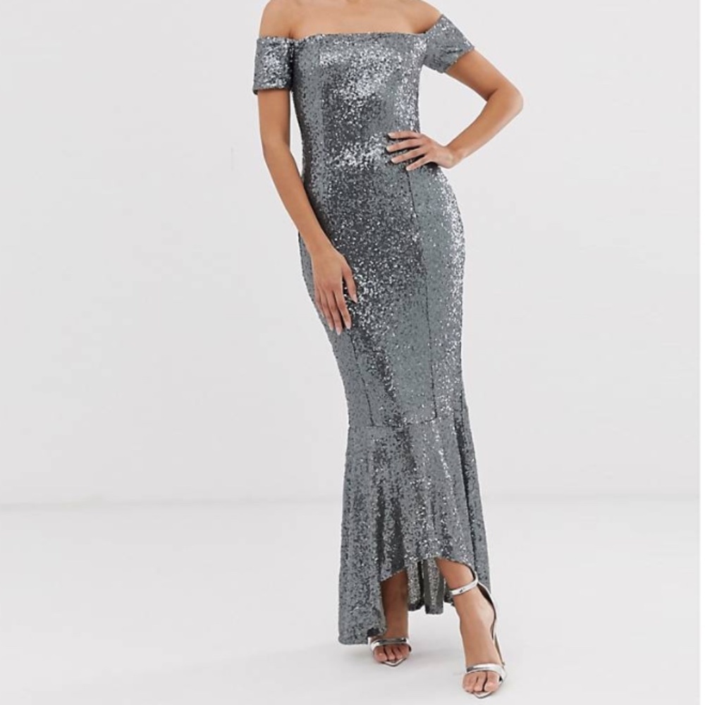 NWT Silver sequin off the shoulder dress with ruffle hem